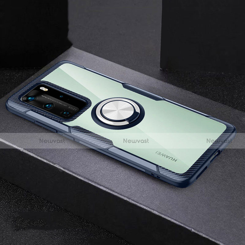 Silicone Transparent Mirror Frame Case 360 Degrees with Magnetic Finger Ring Stand for Huawei P40 Pro Gray