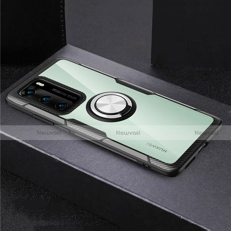 Silicone Transparent Mirror Frame Case 360 Degrees with Magnetic Finger Ring Stand for Huawei P40 Silver and Black