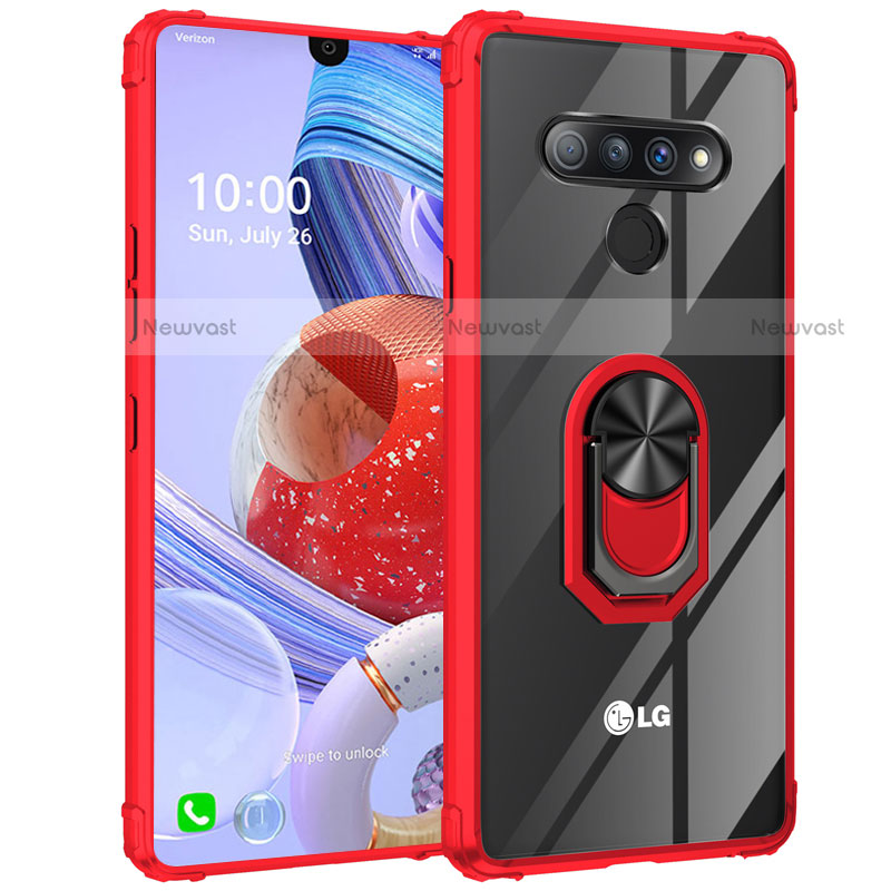 Silicone Transparent Mirror Frame Case 360 Degrees with Magnetic Finger Ring Stand for LG Stylo 6 Red