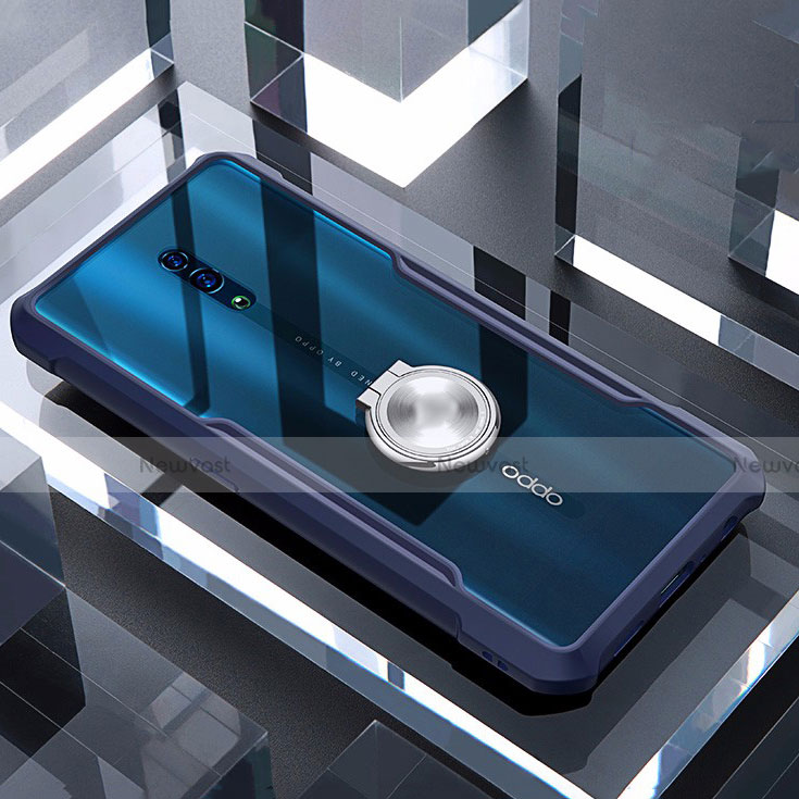 Silicone Transparent Mirror Frame Case 360 Degrees with Magnetic Finger Ring Stand for Oppo Reno Blue