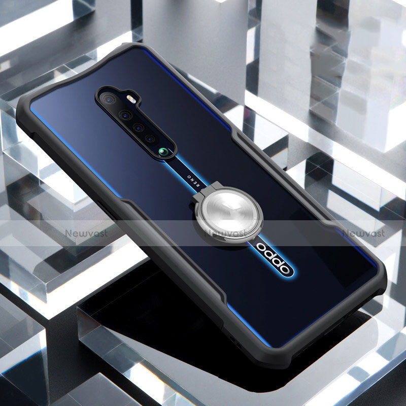 Silicone Transparent Mirror Frame Case 360 Degrees with Magnetic Finger Ring Stand for Oppo Reno2 Black