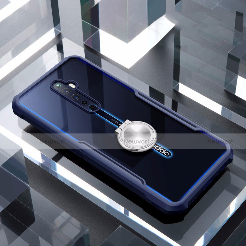 Silicone Transparent Mirror Frame Case 360 Degrees with Magnetic Finger Ring Stand for Oppo Reno2 Z Blue