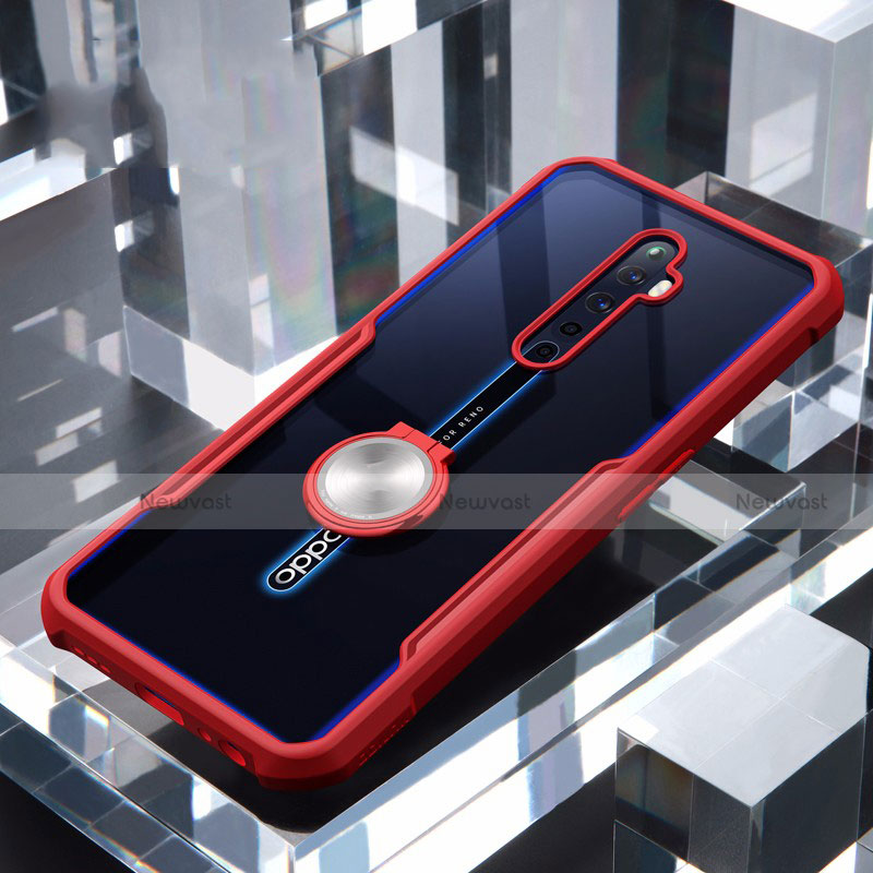 Silicone Transparent Mirror Frame Case 360 Degrees with Magnetic Finger Ring Stand for Oppo Reno2 Z Red