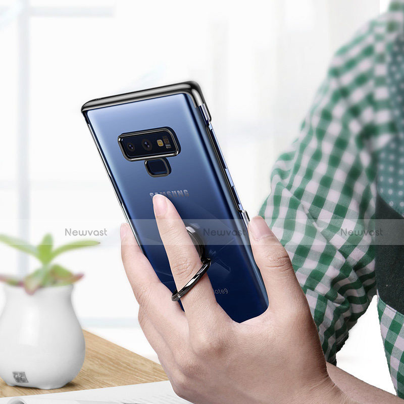 Silicone Transparent Mirror Frame Case 360 Degrees with Magnetic Finger Ring Stand for Samsung Galaxy Note 9 Black