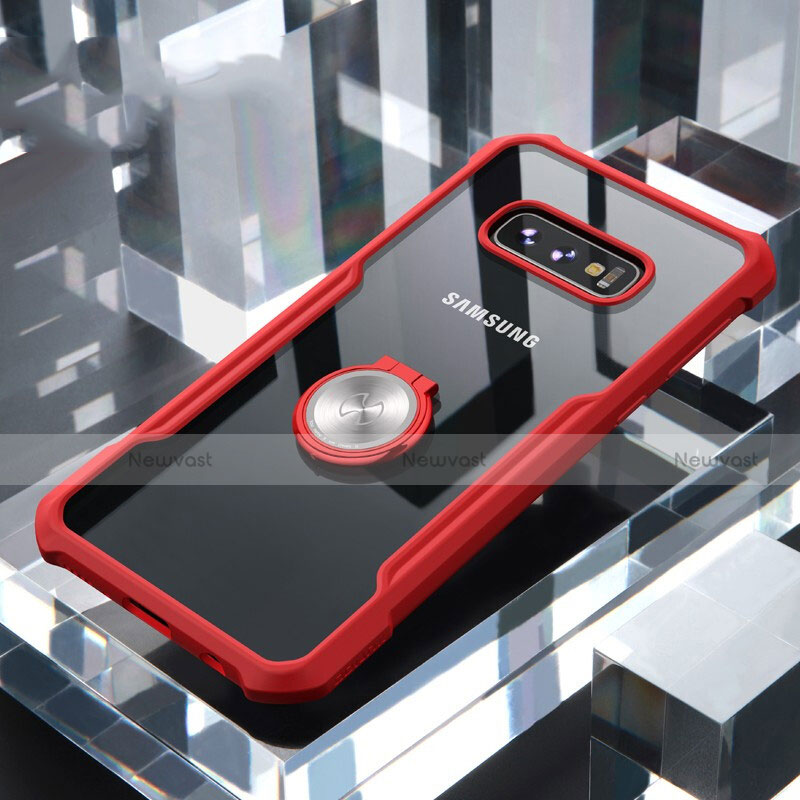 Silicone Transparent Mirror Frame Case 360 Degrees with Magnetic Finger Ring Stand for Samsung Galaxy S10e Red