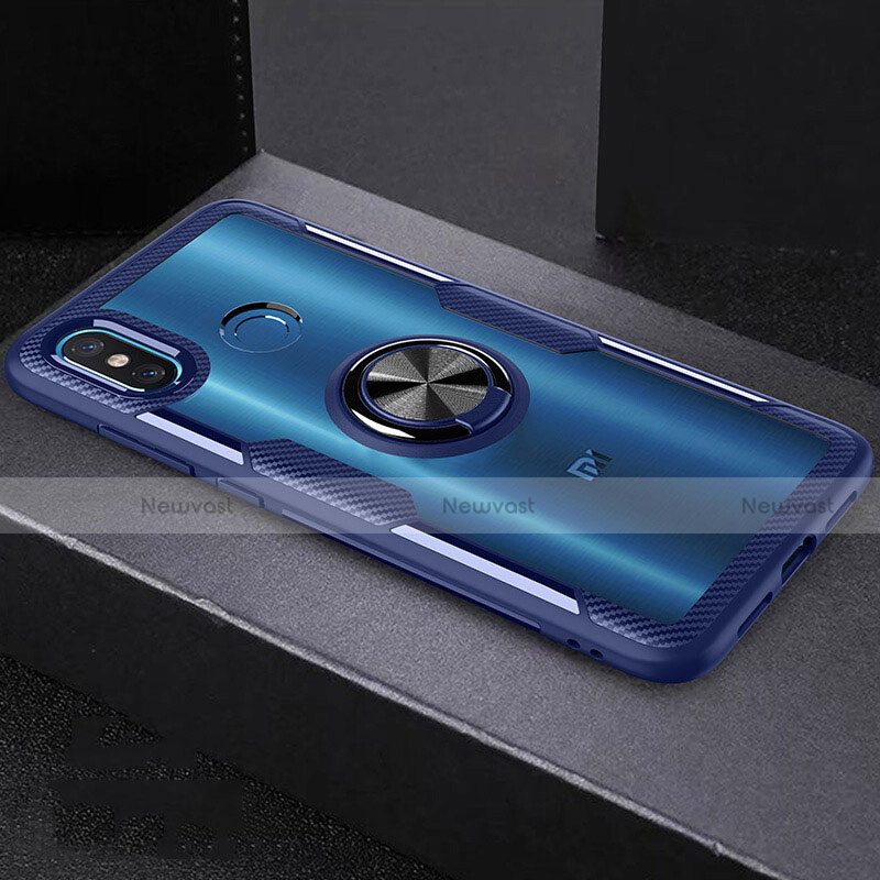 Silicone Transparent Mirror Frame Case 360 Degrees with Magnetic Finger Ring Stand for Xiaomi Mi 8 Blue