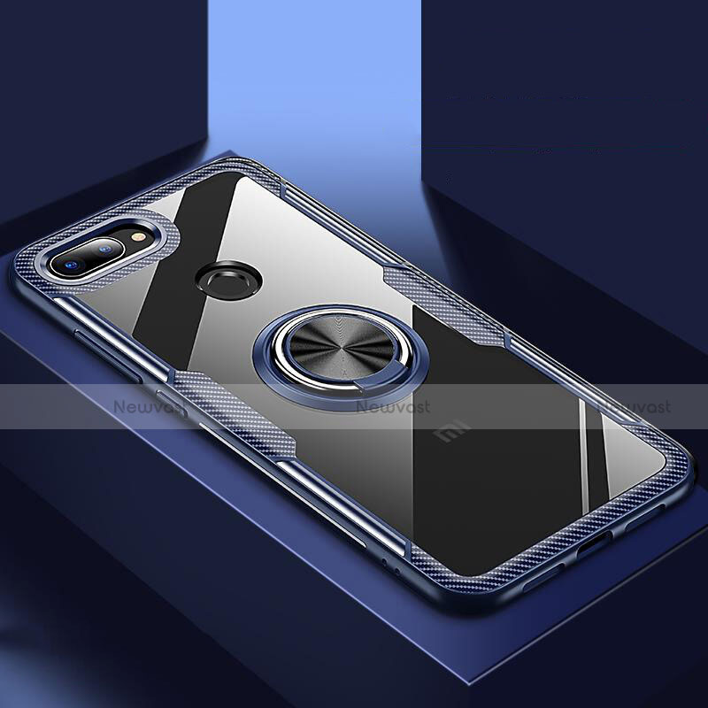 Silicone Transparent Mirror Frame Case 360 Degrees with Magnetic Finger Ring Stand for Xiaomi Mi 8 Lite