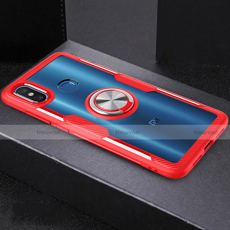 Silicone Transparent Mirror Frame Case 360 Degrees with Magnetic Finger Ring Stand for Xiaomi Mi 8 Red