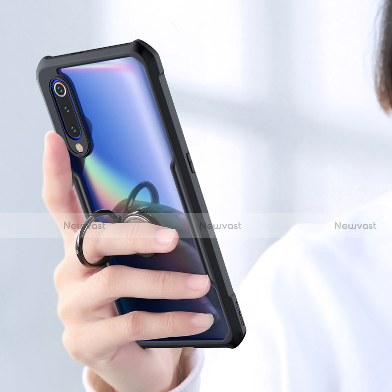 Silicone Transparent Mirror Frame Case 360 Degrees with Magnetic Finger Ring Stand for Xiaomi Mi 9 Lite