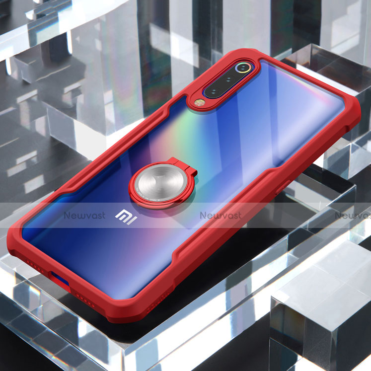 Silicone Transparent Mirror Frame Case 360 Degrees with Magnetic Finger Ring Stand for Xiaomi Mi 9 Pro Red