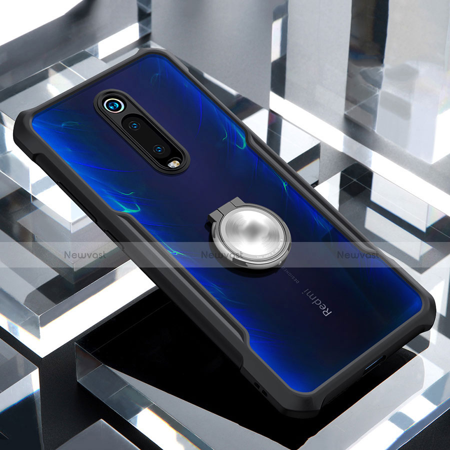 Silicone Transparent Mirror Frame Case 360 Degrees with Magnetic Finger Ring Stand for Xiaomi Mi 9T Black