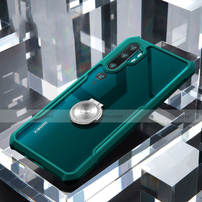 Silicone Transparent Mirror Frame Case 360 Degrees with Magnetic Finger Ring Stand for Xiaomi Mi Note 10 Green