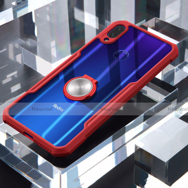 Silicone Transparent Mirror Frame Case 360 Degrees with Magnetic Finger Ring Stand for Xiaomi Redmi Note 7 Red