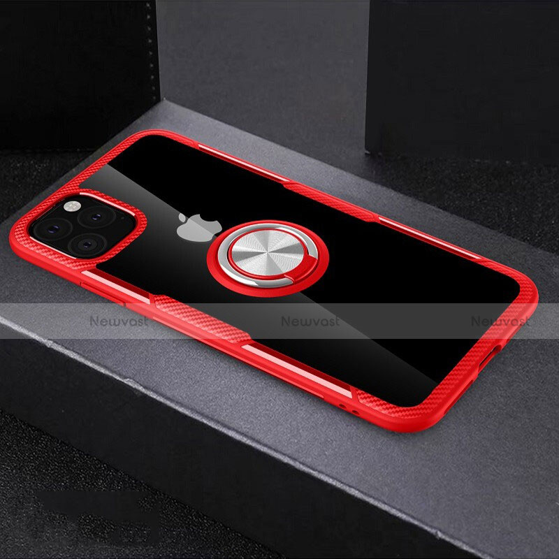 Silicone Transparent Mirror Frame Case 360 Degrees with Magnetic Finger Ring Stand M01 for Apple iPhone 11 Pro Max Red