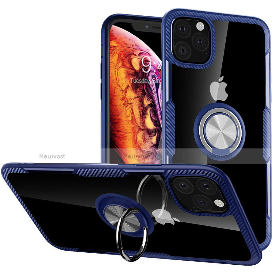 Silicone Transparent Mirror Frame Case 360 Degrees with Magnetic Finger Ring Stand M02 for Apple iPhone 11 Pro Blue