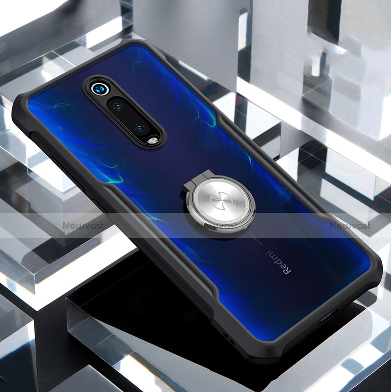 Silicone Transparent Mirror Frame Case 360 Degrees with Magnetic Finger Ring Stand T01 for Xiaomi Mi 9T Pro Black