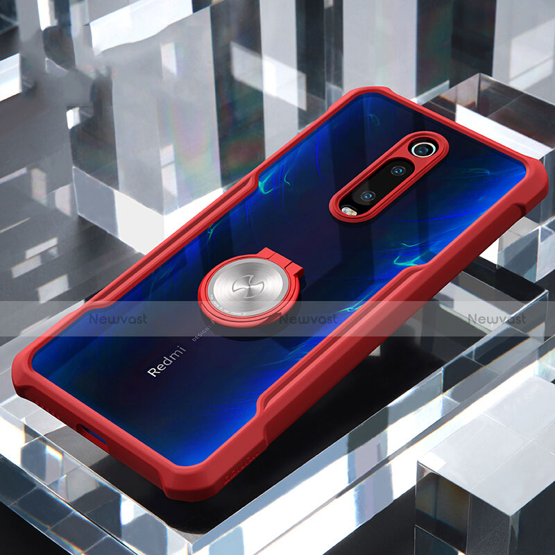 Silicone Transparent Mirror Frame Case 360 Degrees with Magnetic Finger Ring Stand T01 for Xiaomi Mi 9T Pro Red