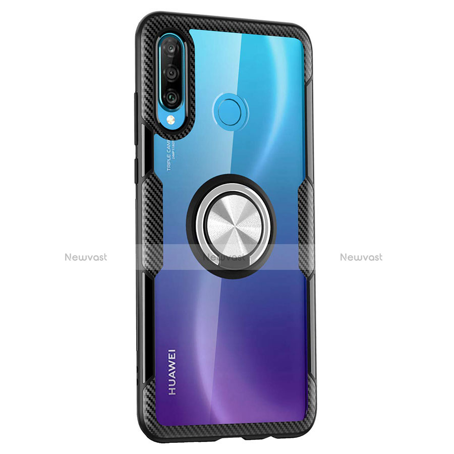 Silicone Transparent Mirror Frame Case 360 Degrees with Magnetic Finger Ring Stand Z01 for Huawei P30 Lite