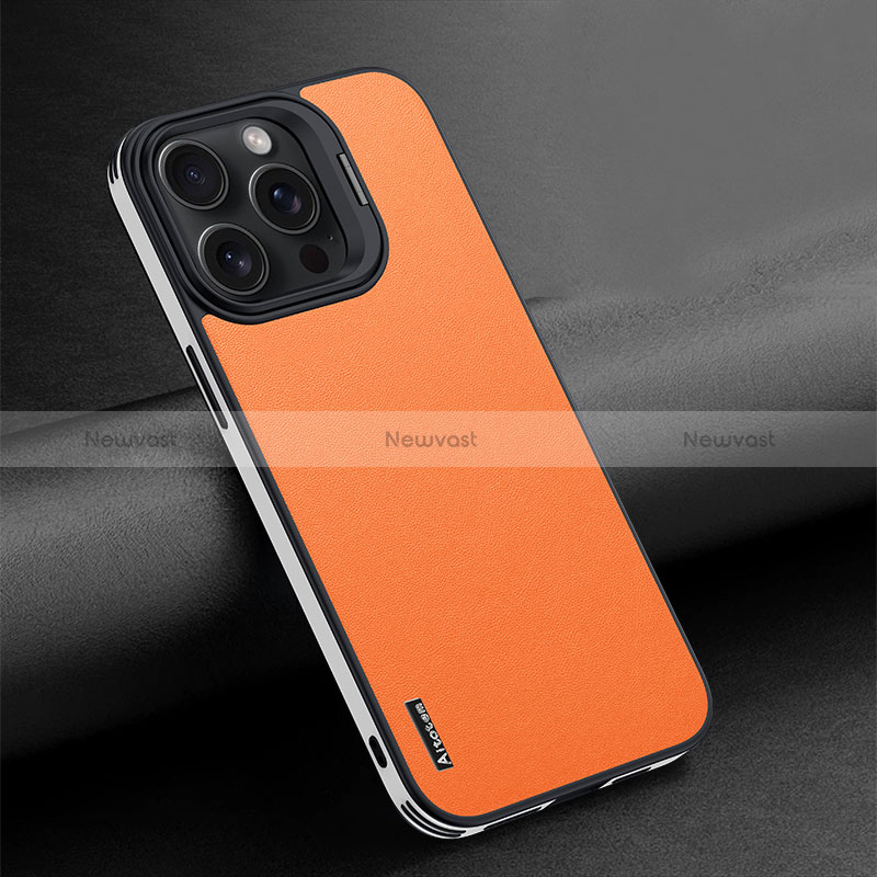 Soft Luxury Leather Snap On Case Cover AT4 for Apple iPhone 15 Pro Orange