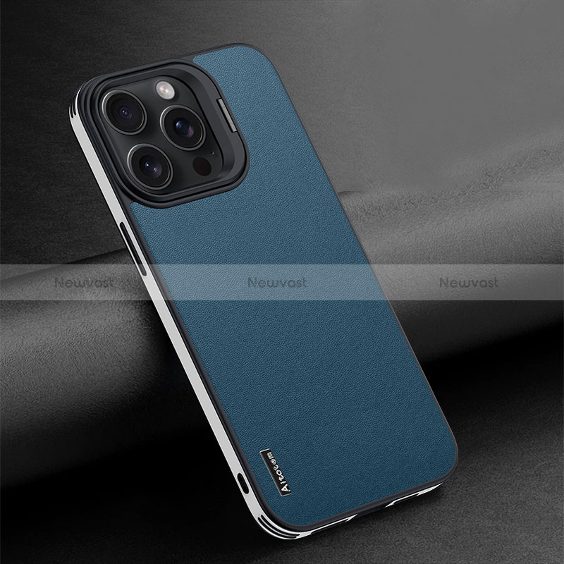 Soft Luxury Leather Snap On Case Cover AT4 for Apple iPhone 16 Pro Blue