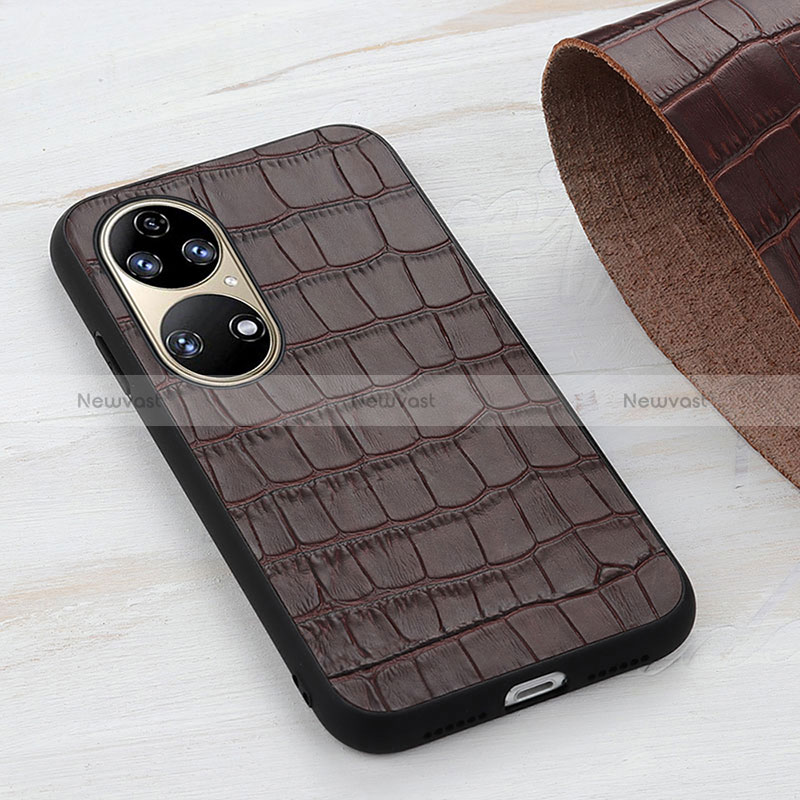 Soft Luxury Leather Snap On Case Cover B04H for Huawei P50 Pro Brown