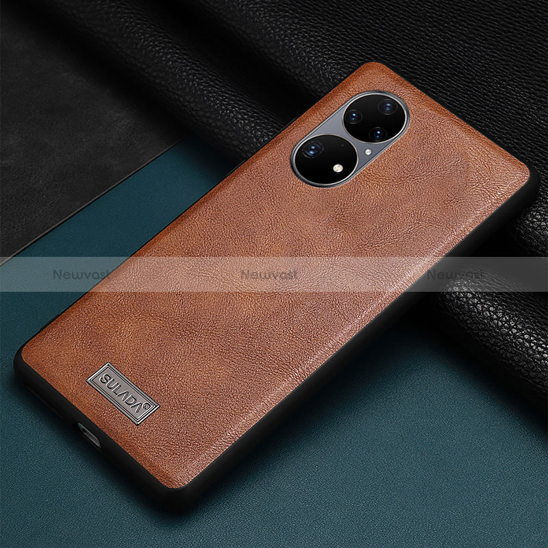 Soft Luxury Leather Snap On Case Cover LD2 for Huawei P50e Brown