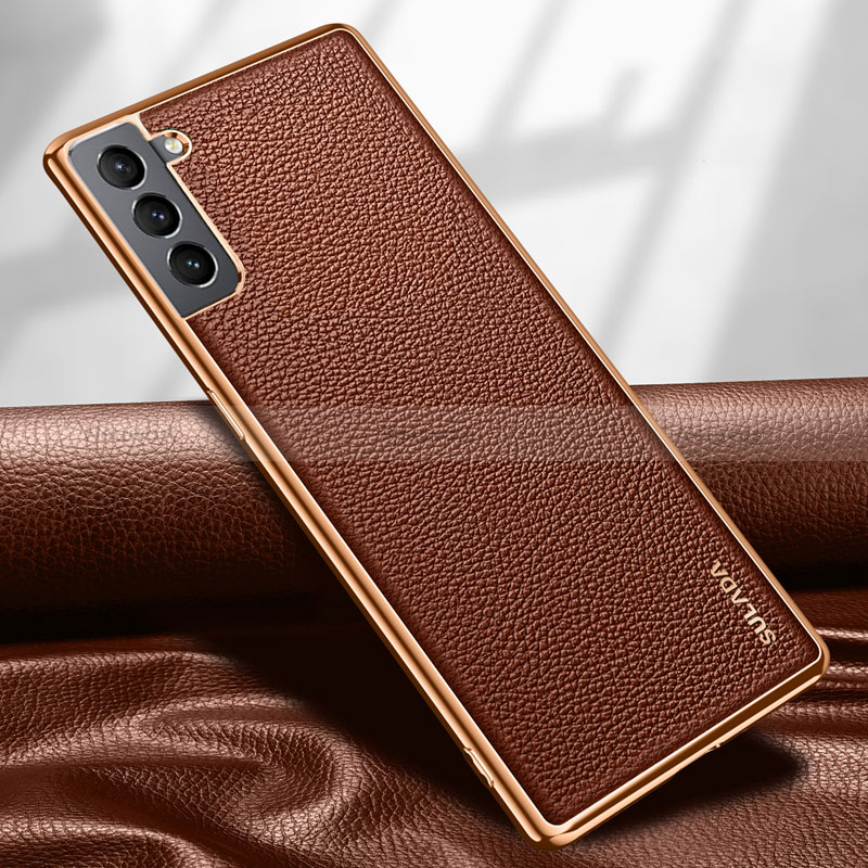 Soft Luxury Leather Snap On Case Cover S09 for Samsung Galaxy S22 Plus 5G Brown