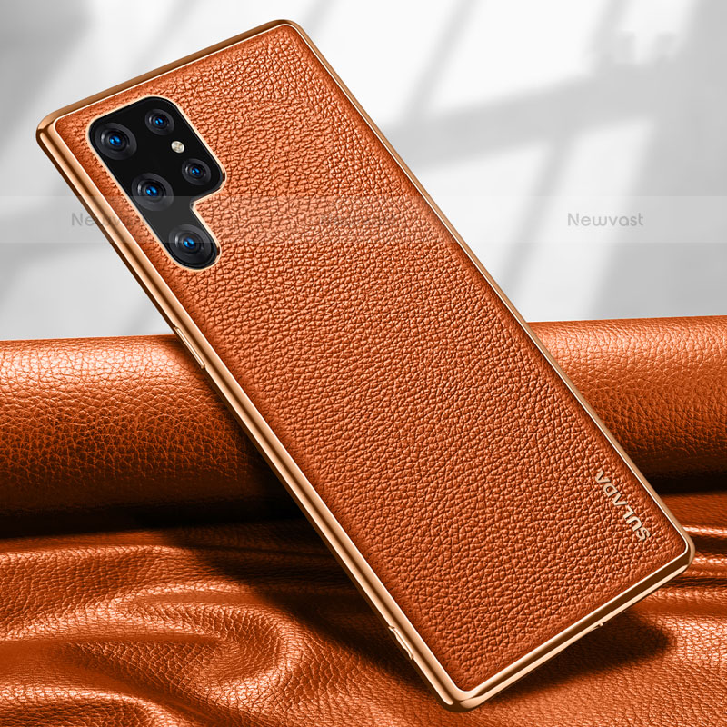 Soft Luxury Leather Snap On Case Cover S09 for Samsung Galaxy S22 Ultra 5G Orange