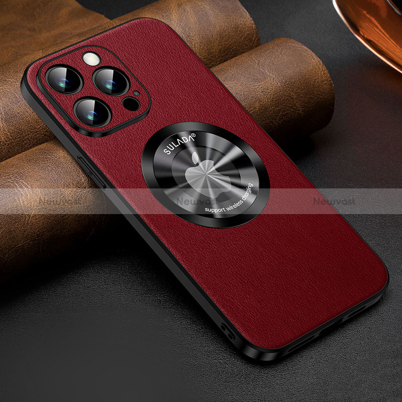 Soft Luxury Leather Snap On Case Cover with Mag-Safe Magnetic LD2 for Apple iPhone 14 Pro Red