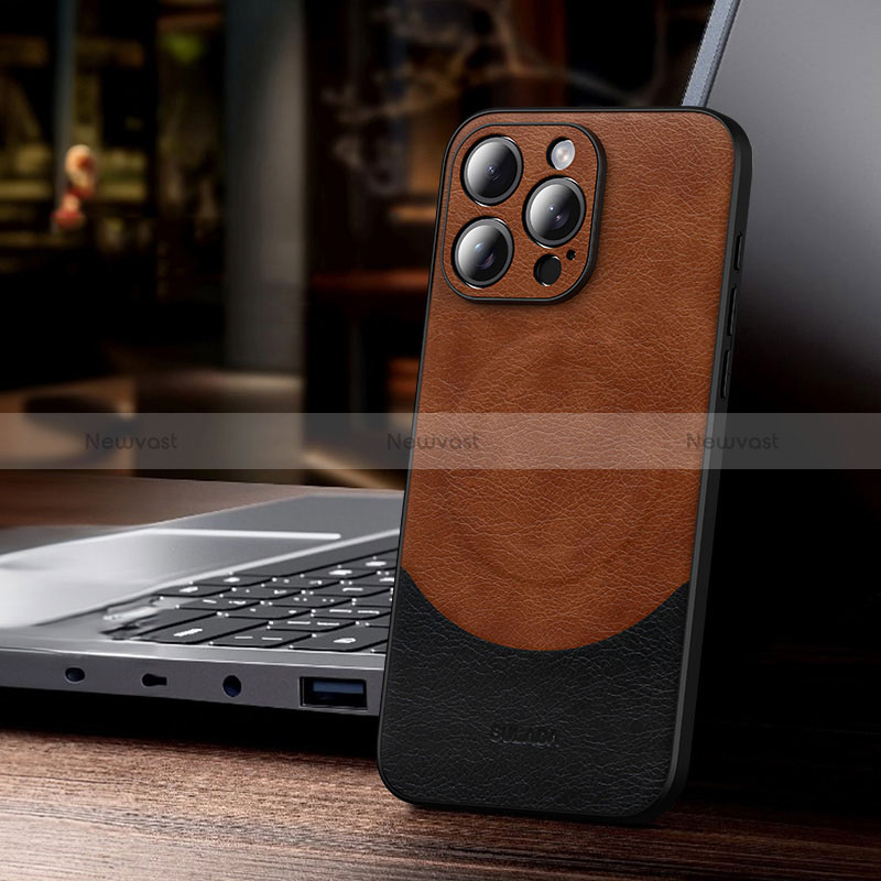 Soft Luxury Leather Snap On Case Cover with Mag-Safe Magnetic LD4 for Apple iPhone 14 Pro Max Brown