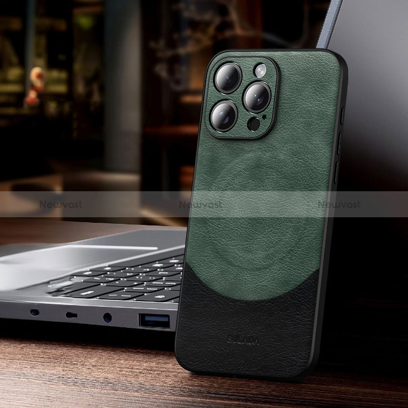 Soft Luxury Leather Snap On Case Cover with Mag-Safe Magnetic LD4 for Apple iPhone 15 Pro Green