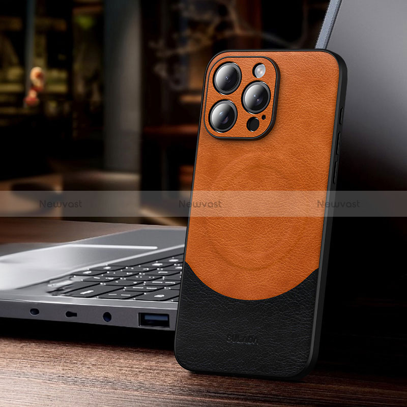 Soft Luxury Leather Snap On Case Cover with Mag-Safe Magnetic LD4 for Apple iPhone 15 Pro Orange