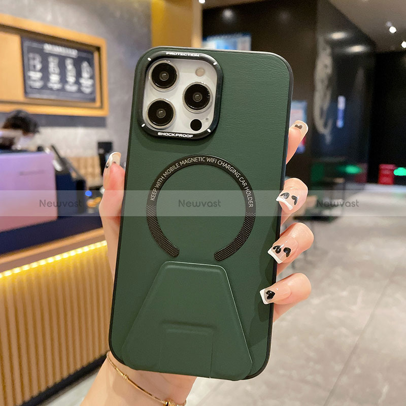 Soft Luxury Leather Snap On Case Cover with Mag-Safe Magnetic QC2 for Apple iPhone 14 Pro Green