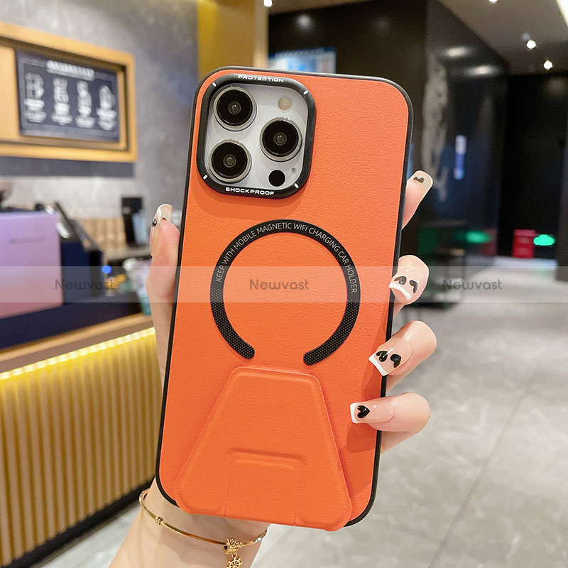 Soft Luxury Leather Snap On Case Cover with Mag-Safe Magnetic QC2 for Apple iPhone 15 Pro Max Orange