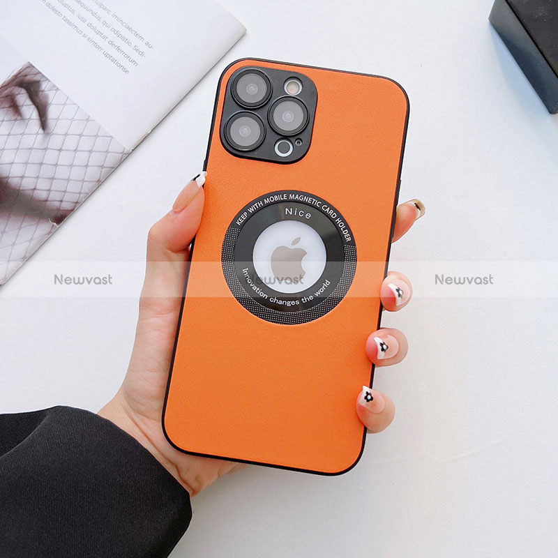 Soft Luxury Leather Snap On Case Cover with Mag-Safe Magnetic QC3 for Apple iPhone 13 Pro Orange