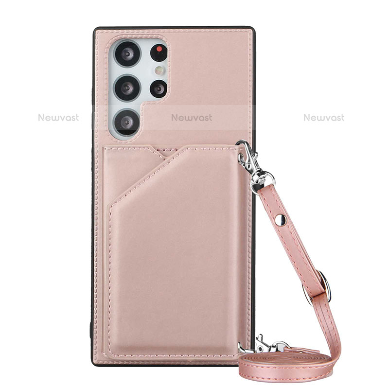 Soft Luxury Leather Snap On Case Cover Y01B for Samsung Galaxy S22 Ultra 5G Rose Gold