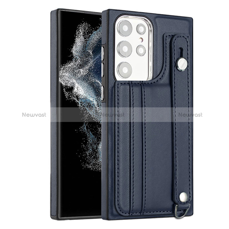 Soft Luxury Leather Snap On Case Cover YB4 for Samsung Galaxy S22 Ultra 5G Blue