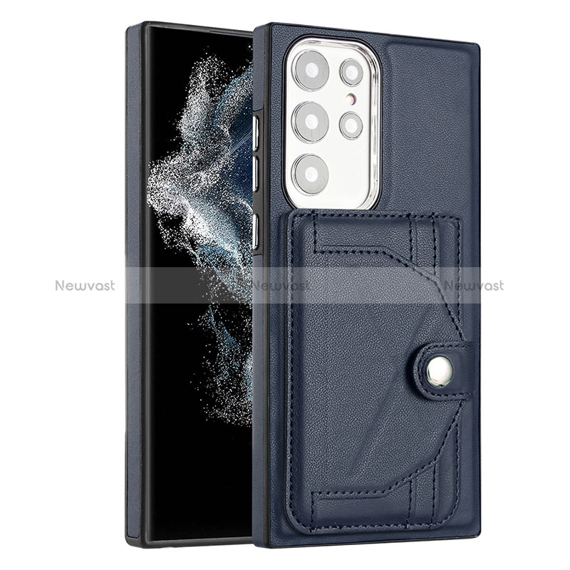 Soft Luxury Leather Snap On Case Cover YB5 for Samsung Galaxy S22 Ultra 5G Blue