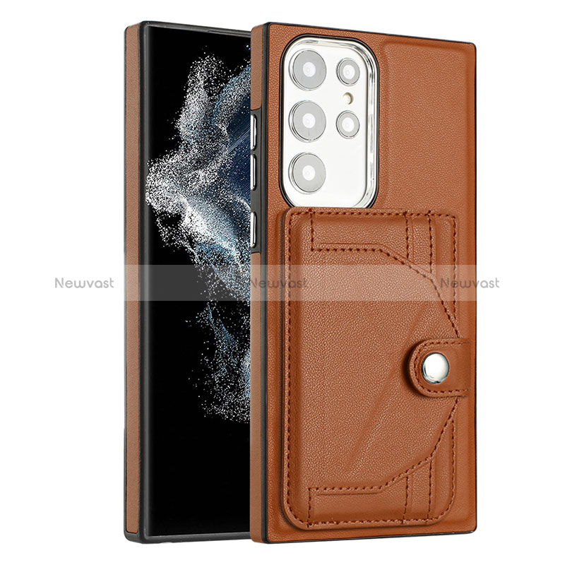 Soft Luxury Leather Snap On Case Cover YB5 for Samsung Galaxy S22 Ultra 5G Brown