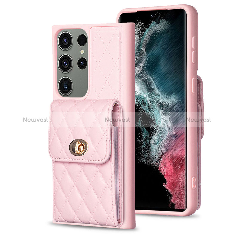 Soft Silicone Gel Leather Snap On Case Cover BF4 for Samsung Galaxy S23 Ultra 5G Rose Gold