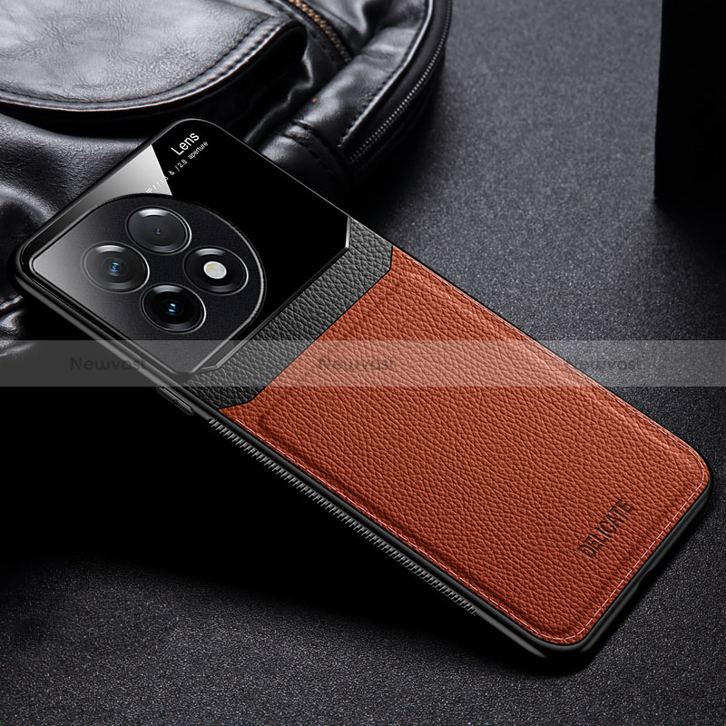 Soft Silicone Gel Leather Snap On Case Cover FL1 for OnePlus 11R 5G Brown