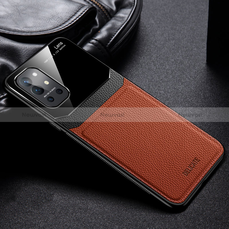 Soft Silicone Gel Leather Snap On Case Cover FL1 for OnePlus 9R 5G Brown