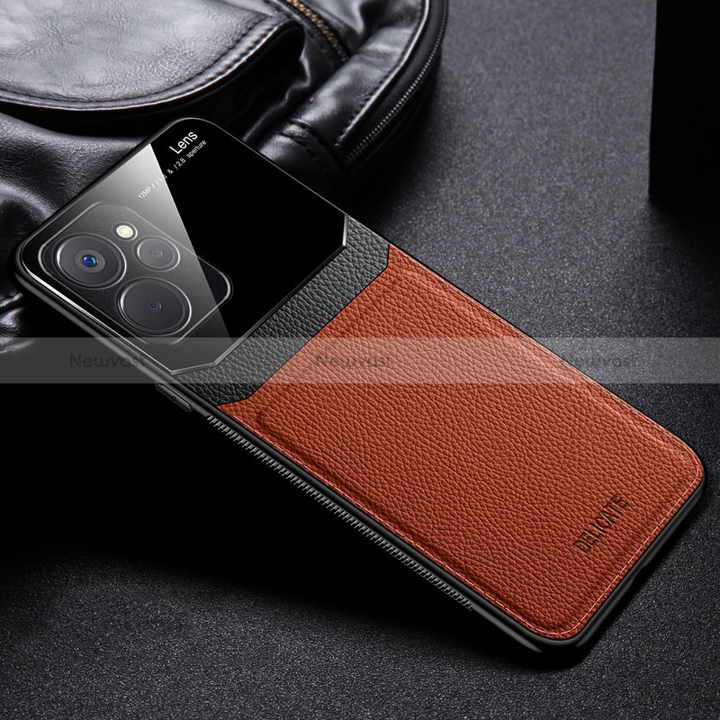 Soft Silicone Gel Leather Snap On Case Cover FL1 for Realme 9i 5G Brown
