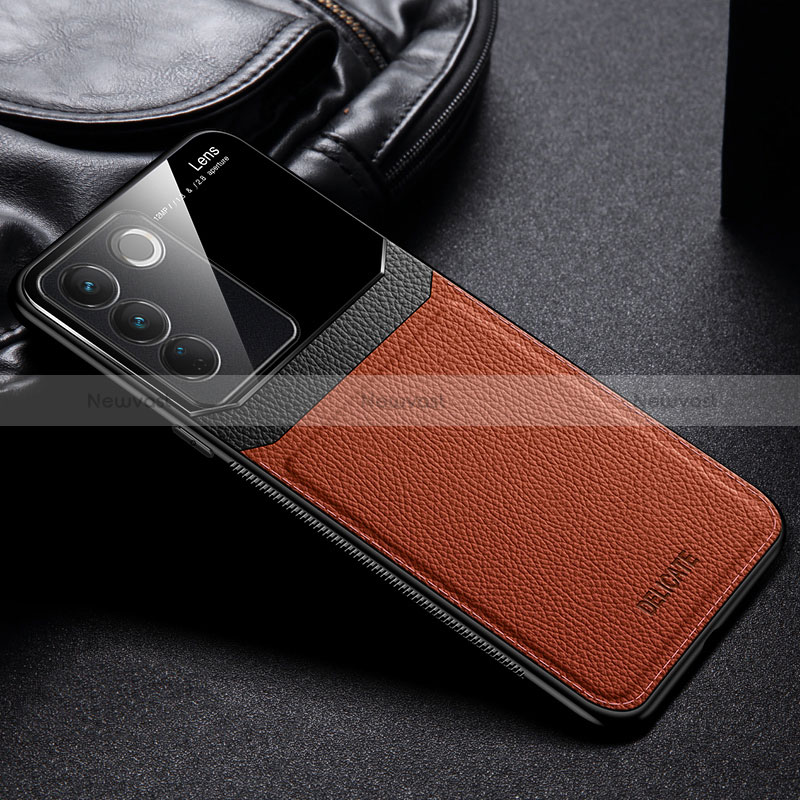 Soft Silicone Gel Leather Snap On Case Cover FL1 for Vivo V27 5G Brown
