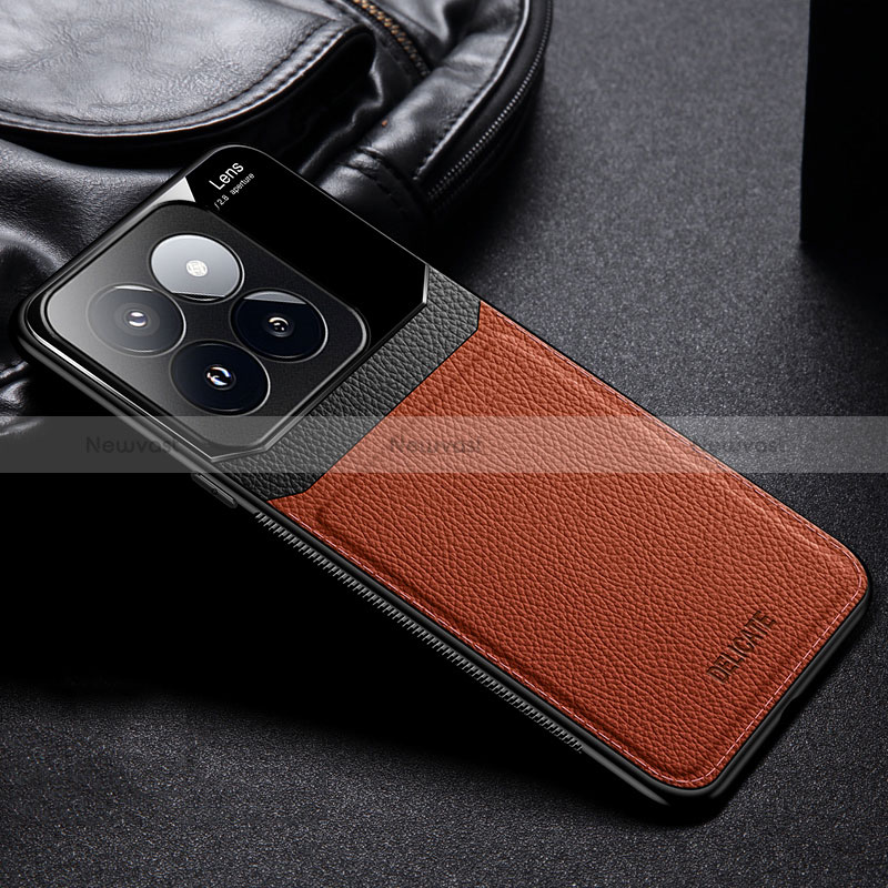 Soft Silicone Gel Leather Snap On Case Cover FL1 for Xiaomi Mi 14 5G Brown