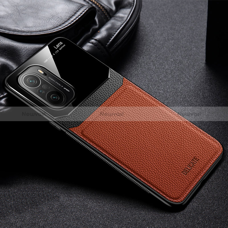 Soft Silicone Gel Leather Snap On Case Cover FL1 for Xiaomi Poco F3 5G Brown