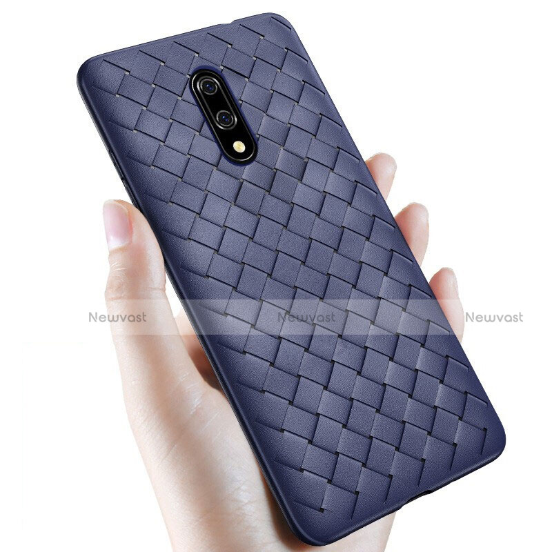 Soft Silicone Gel Leather Snap On Case Cover S01 for OnePlus 7 Blue