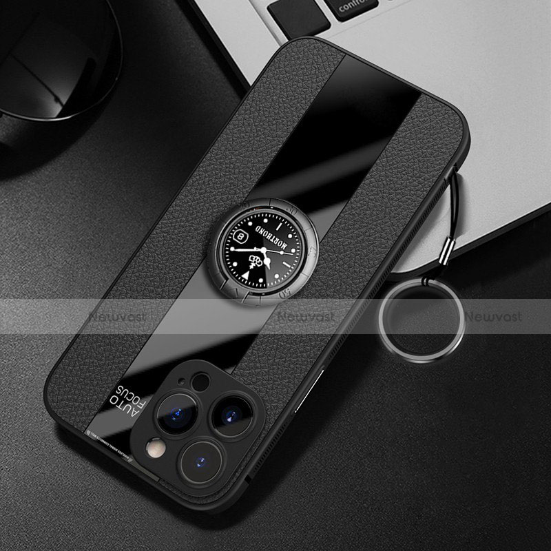 Soft Silicone Gel Leather Snap On Case Cover with Magnetic Finger Ring Stand for Apple iPhone 14 Pro