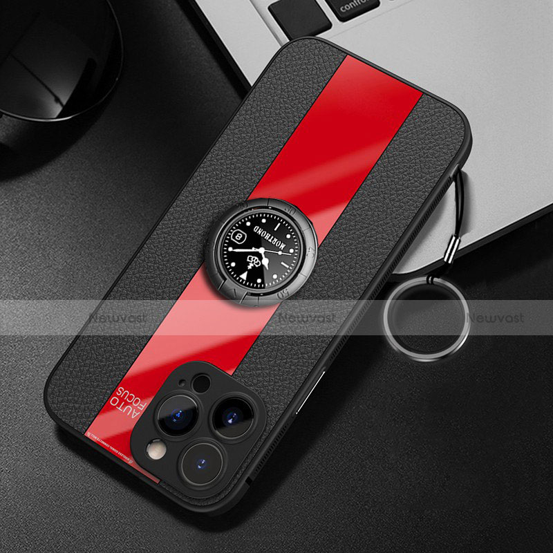 Soft Silicone Gel Leather Snap On Case Cover with Magnetic Finger Ring Stand for Apple iPhone 14 Pro