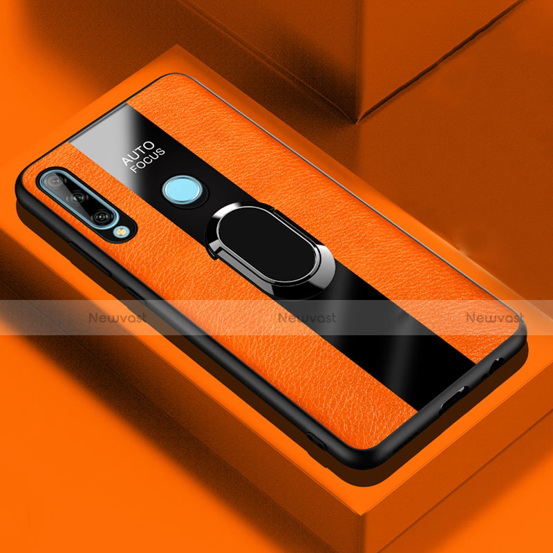 Soft Silicone Gel Leather Snap On Case Cover with Magnetic Finger Ring Stand for Huawei Enjoy 10 Plus Orange